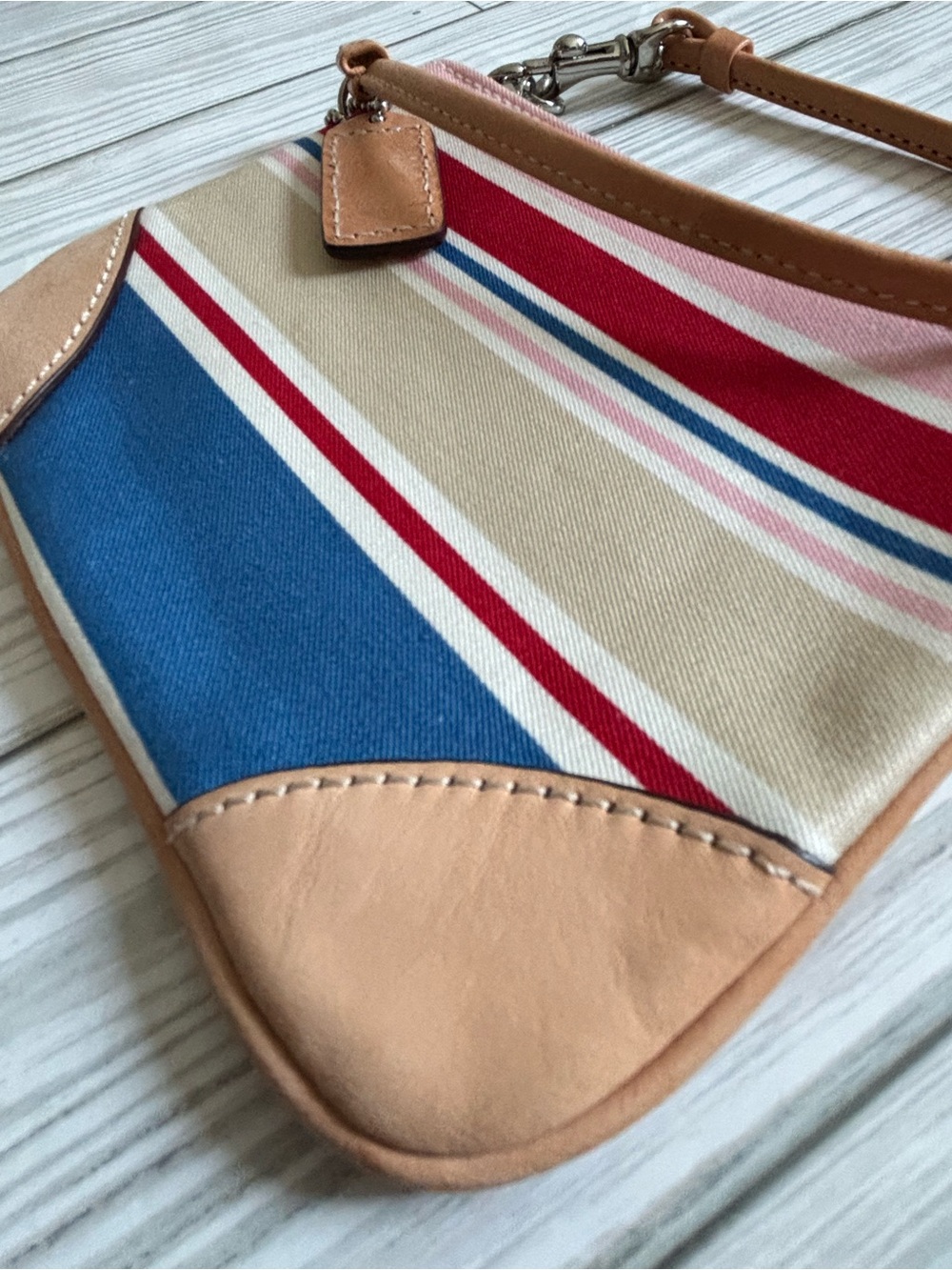 Coach Pink Red Blue Striped Canvas Wristlet - Picture 5 of 6